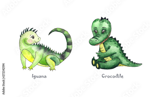 Hand-drawn watercolor children   s animals with cute lion  giraffe  elephant  Rhino  monkey  Zebra  crocodile  iguana  wombat  Panda  Koala 