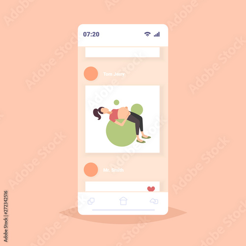 pregnant woman lying on gymnastic ball girl doing exercises with fitball workout fitness pregnancy healthy lifestyle concept smartphone screen mobile application full length flat