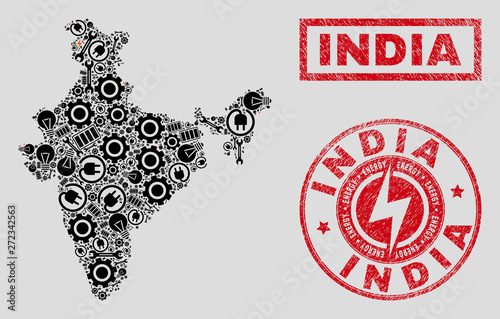 Composition of mosaic power supply India map and grunge seals. Mosaic vector India map is designed with service and energy icons. Black and red colors used. Concept for power supply services. photo