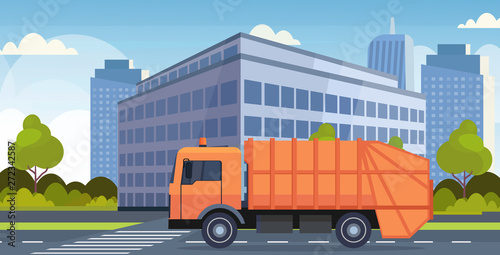 orange garbage truck urban sanitary vehicle moving city road waste recycling concept modern cityscape background flat horizontal vector illustration