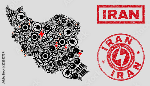 Composition of mosaic power supply Iran map and grunge watermarks. Mosaic vector Iran map is designed with repair and power icons. Black and red colors used. Abstract images for power supply services.