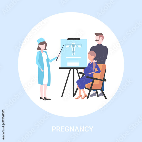 pregnant woman with her husband visiting female doctor gynecologist pointing flip chart with ovaries conducting pregnancy gynecology consultation concept flat full length