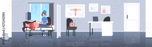 pregnant woman visiting female doctor doing ultrasound fetus screening at digital monitor gynecology consultation healthcare concept modern hospital clinic interior horizontal banner flat full length