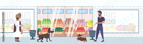 mix race people walking with dogs having fun in front of supermarket mall grocery shop exterior flat full length horizontal banner