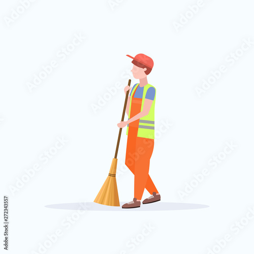 male street cleaner holding broom man sweeping garbage cleaning service concept full length flat white background