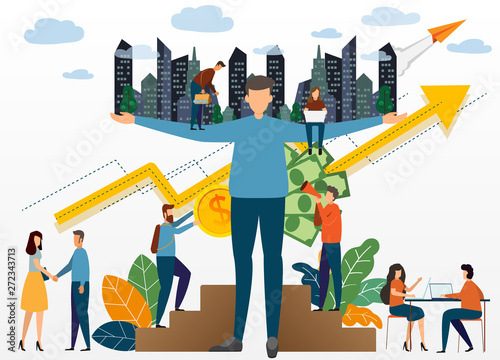 businessman holding modern city building skyscraper on shoulders real estate agent concept. Humans are building cities on their shoulders. Concept of creating the world of humanity. © Love You Stock