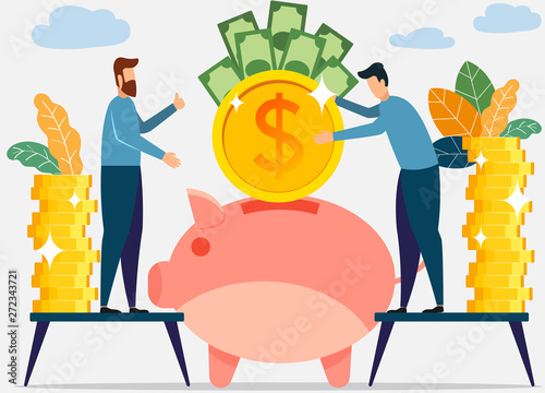 Businessman saving money and investment concept. A large piggy bank in the form of a piglet, financial services, small bankers are engaged in work, saving or accumulating money. vector illustration.