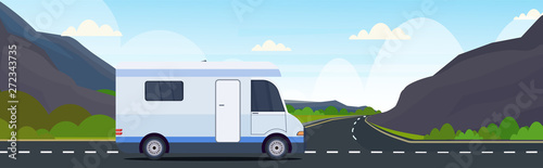 caravan car traveling on highway recreational travel vehicle camping concept beautiful nature mountains landscape background flat horizontal © mast3r