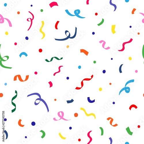 Seamless repeat pattern with flying tossed colorful birthday confetti and ribbons