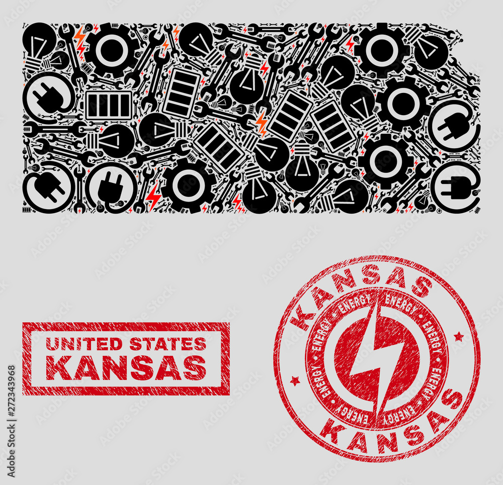 Composition of mosaic power supply Kansas State map and grunge seals. Mosaic vector Kansas State map is created with service and innovation elements. Black and red colors used. Composition of mosaic power supply Kansas State map and grunge seals. Mosaic vector Kansas State map is created with service and innovation elements. Black and red colors used.