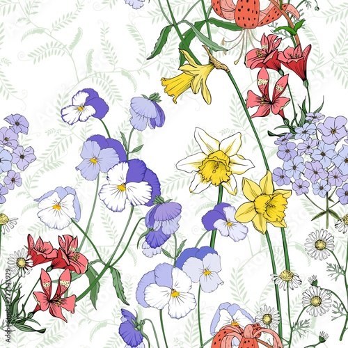 Floral seamless pattern white background for fabric. Vector drawing. © OlgaShashok