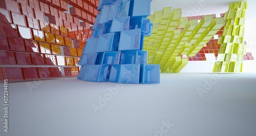 Abstract white and colored interior multilevel public space with window. 3D illustration and rendering.