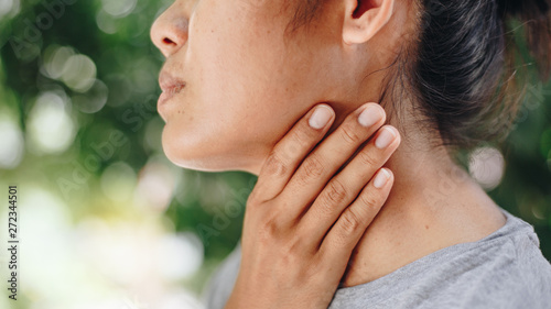 Sick Young Woman Feeling Bad Suffering From Throat Pain, Sore Throat ,Painful Swallowing , Health Concept.