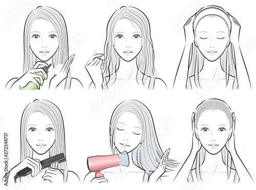 ヘアケアをしている女性のイラスト