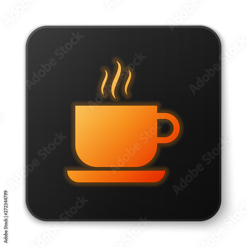 Orange glowing Coffee cup icon isolated on white background. Tea cup. Hot drink coffee. Black square button. Vector Illustration