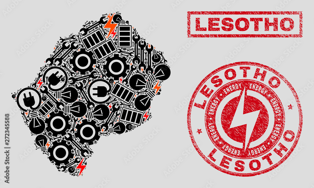 Composition of mosaic power supply Lesotho map and grunge stamps. Collage vector Lesotho map is created with tools and lamp icons. Black and red colors used. Abstraction for power supply services.