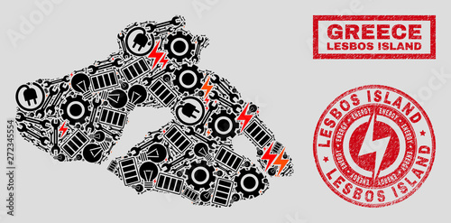 Composition of mosaic power supply Lesbos Island map and grunge watermarks. Collage vector Lesbos Island map is created with equipment and power symbols. Black and red colors used.