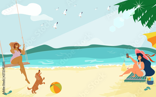 Group of happy lady in swimming suits enjoying summer vacation on beach. Young leisure activity and vintage colors style. Cartoon flat vector illustration. © Nairat