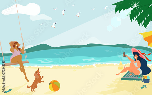 Group of happy lady in swimming suits enjoying summer vacation on beach. Young leisure activity and vintage colors style. Cartoon flat vector illustration.