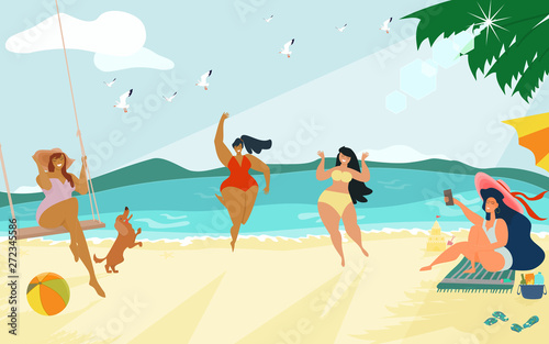 Group of happy lady in swimming suits enjoying summer vacation on beach. Young leisure activity and vintage colors style. Cartoon flat vector illustration.
