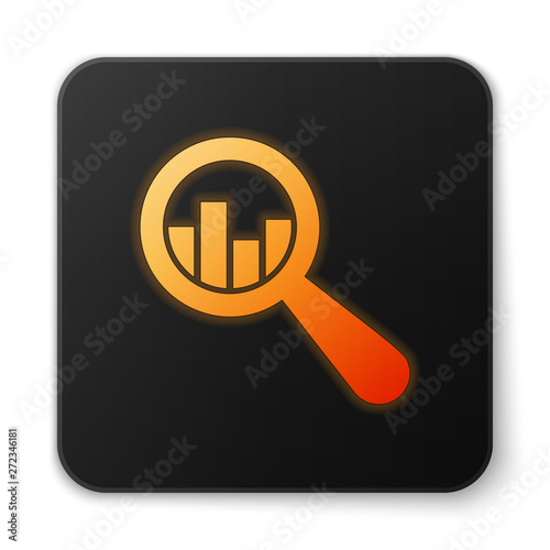 Orange glowing Magnifying glass and data analysis icon isolated on white background. Black square button. Vector Illustration