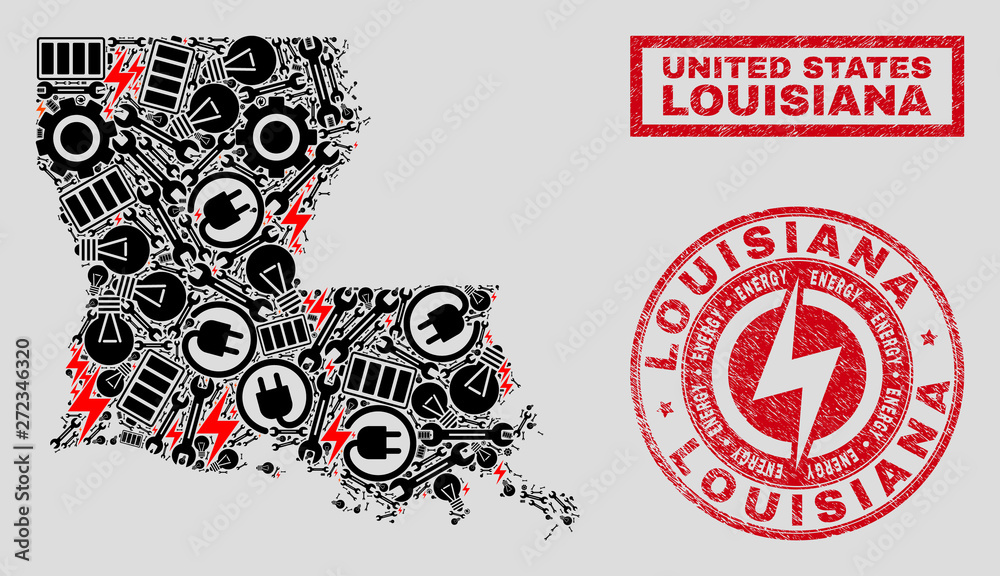Obraz premium Composition of mosaic power supply Louisiana State map and grunge stamps. Mosaic vector Louisiana State map is created with repair and innovation elements. Black and red colors used.