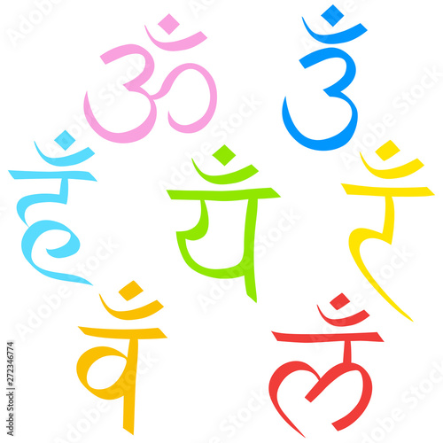 A set of hieroglyphs of the Sahasrar, Ajna, Vishudha, Anahata, Manipura, Svadhistana, Muladhara chakras. Vector symbols isolated on white background.