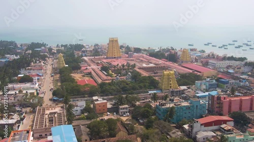 Rameswaram ancient Shiva temple, India 4k aerial skyline and ocean drone view photo
