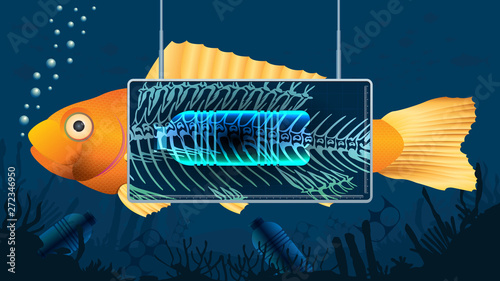 Gold fish behind an X-ray screen showing a plastic bottle inside the fish's stomach in a blue underwater background contaminated with bottles and pieces of plastic. Vector image
