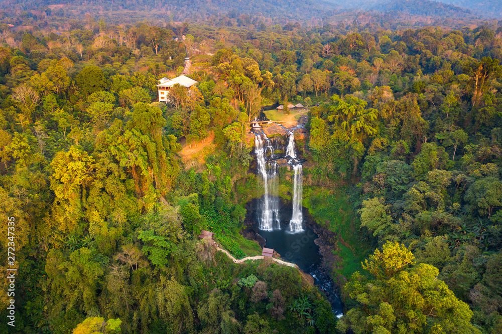 Top view Aerial photo from flying drone over Tad Gneuang Waterfall at  Paksong Champasak Laos ASIA.Tropical Waterfall in deep forest. Stock Photo  | Adobe Stock