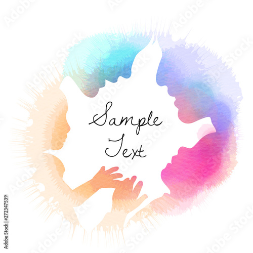 Parents having good time with their child.  Happy family walking together isolated on white background. Watercolor style. . Double exposure illustration with copy space.