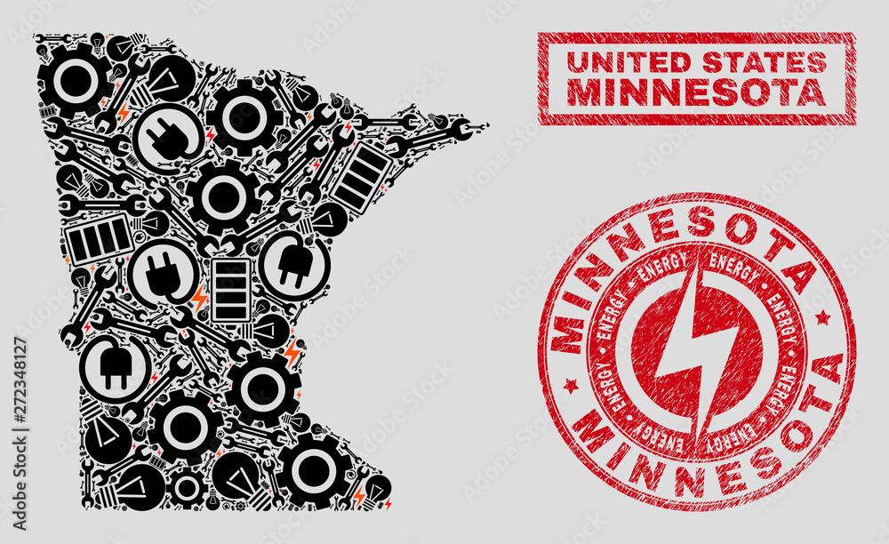 Composition of mosaic power supply Minnesota State map and grunge stamps. Mosaic vector Minnesota State map is composed with equipment and electricity elements. Black and red colors used. Composition of mosaic power supply Minnesota State map and grunge stamps. Mosaic vector Minnesota State map is composed with equipment and electricity elements. Black and red colors used.
