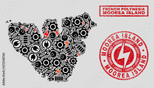 Composition of mosaic power supply Moorea Island map and grunge seals. Mosaic vector Moorea Island map is designed with gear and power symbols. Black and red colors used.