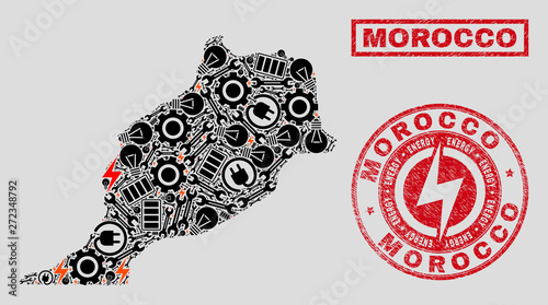 Composition of mosaic power supply Morocco map and grunge stamps. Collage vector Morocco map is created with service and innovation symbols. Black and red colors used.
