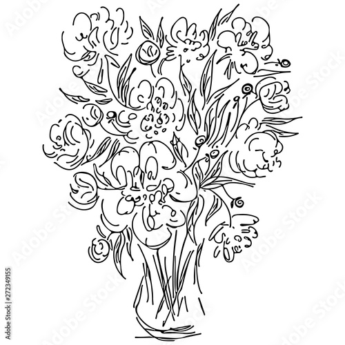 Abstract wild flowers bouquet isolated on white background. Hand drawn vector illustration. Outline icon