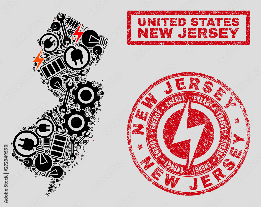 Composition of mosaic power supply New Jersey State map and grunge stamp seals. Collage vector New Jersey State map is designed with hardware and electric icons. Black and red colors used. Composition of mosaic power supply New Jersey State map and grunge stamp seals. Collage vector New Jersey State map is designed with hardware and electric icons. Black and red colors used.