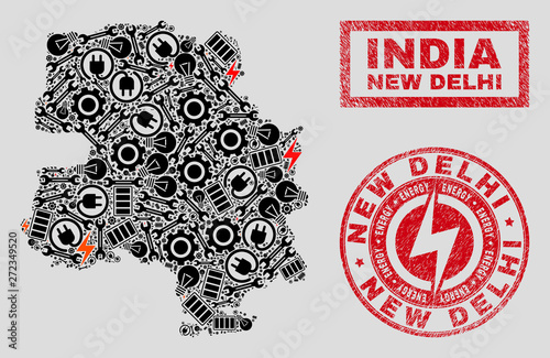 Composition of mosaic power supply New Delhi City map and grunge watermarks. Mosaic vector New Delhi City map is created with repair and innovation symbols. Black and red colors used.