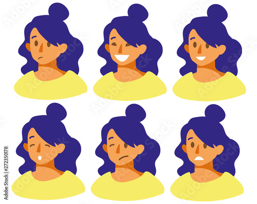 Set of woman s emotions. Facial expression. Beautiful girl emoji with a variety of facial expressions. Girl Avatar. Vector illustration of a flat design.