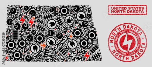 Composition of mosaic power supply North Dakota State map and grunge watermarks. Mosaic vector North Dakota State map is composed with workshop and power symbols. Black and red colors used.