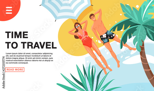 Travel vacation concept. Landing page template. Happy couple sunbathing on island beach. Vector illustration.