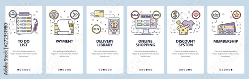 Mobile app onboarding screens. Online shopping, payment, todo list, discount card, delivery. Menu vector banner template for website and mobile development. Web site design flat illustration