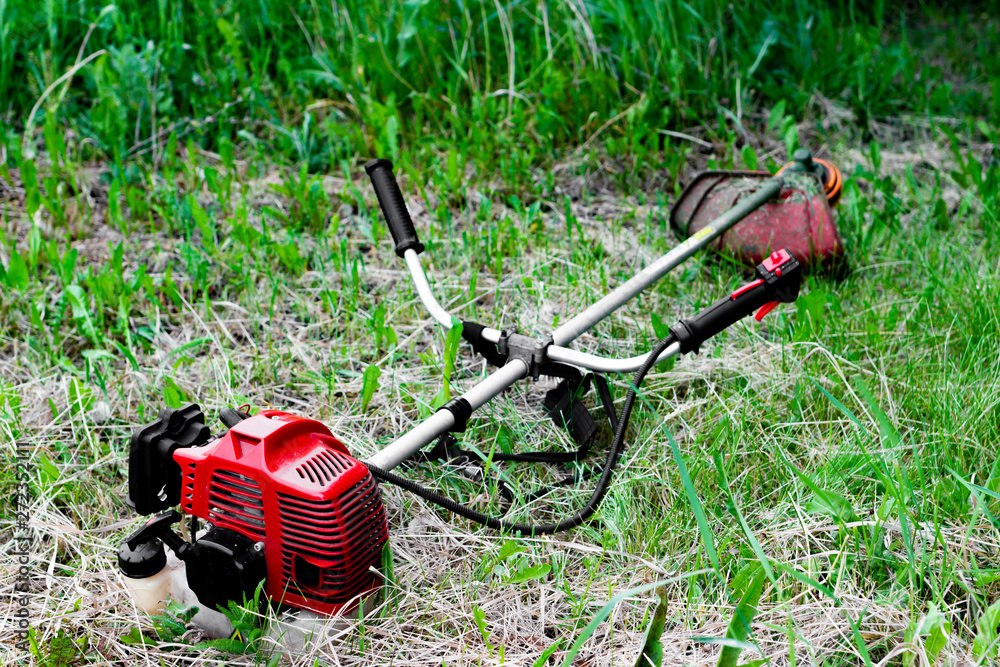 Grass cutter. Hand mower trimmer. Stock Photo Adobe Stock