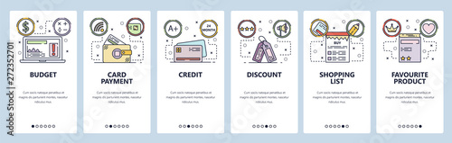 Mobile app onboarding screens. Online shopping, credit card payment, discount and price tag. Menu vector banner template for website and mobile development. Web site design flat illustration