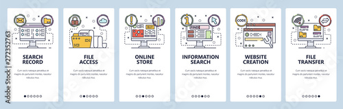 Mobile app onboarding screens. Computer technology, information search, file sync and transfer. Menu vector banner template for website and mobile development. Web site design flat illustration