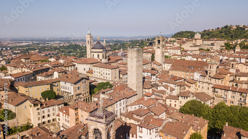 Bergamo, Italy. Amazing drone aerial view of the old town. Landscape at the city center, its historical buildings and the towers