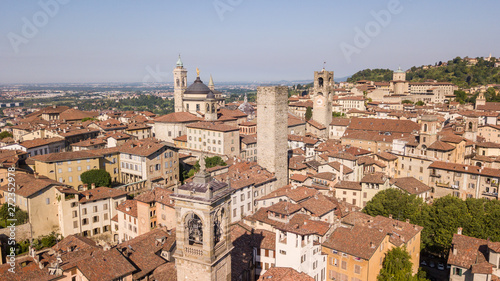 Bergamo, Italy. Amazing drone aerial view of the old town. Landscape at the city center, its historical buildings and the towers