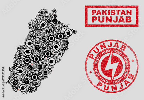 Composition of mosaic power supply Punjab Province map and grunge seals. Collage vector Punjab Province map is created with hardware and bulb elements. Black and red colors used.