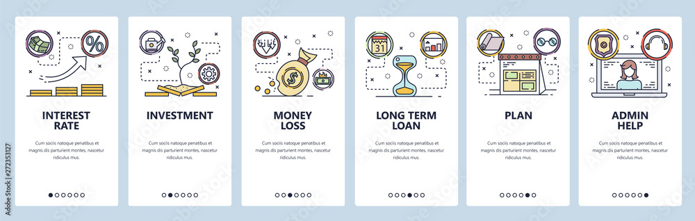 Naklejka premium Mobile app onboarding screens. Interest rate, money investment, bank loan. Menu vector banner template for website and mobile development. Web site design flat illustration