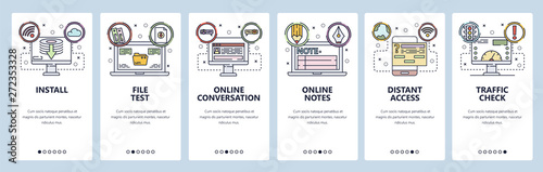 Mobile app onboarding screens. Computer technology, online notes, software install. Menu vector banner template for website and mobile development. Web site design flat illustration