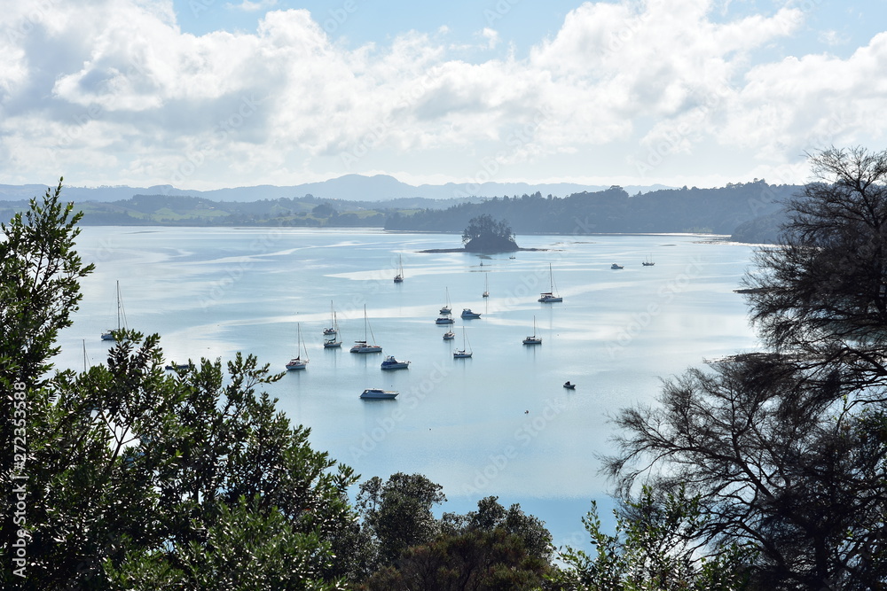 Φωτογραφία Moored recreational vessels floating on absolutely calm surface of Mahurangi Harbour near Scotts Landing with hilly country of Rodney District in background